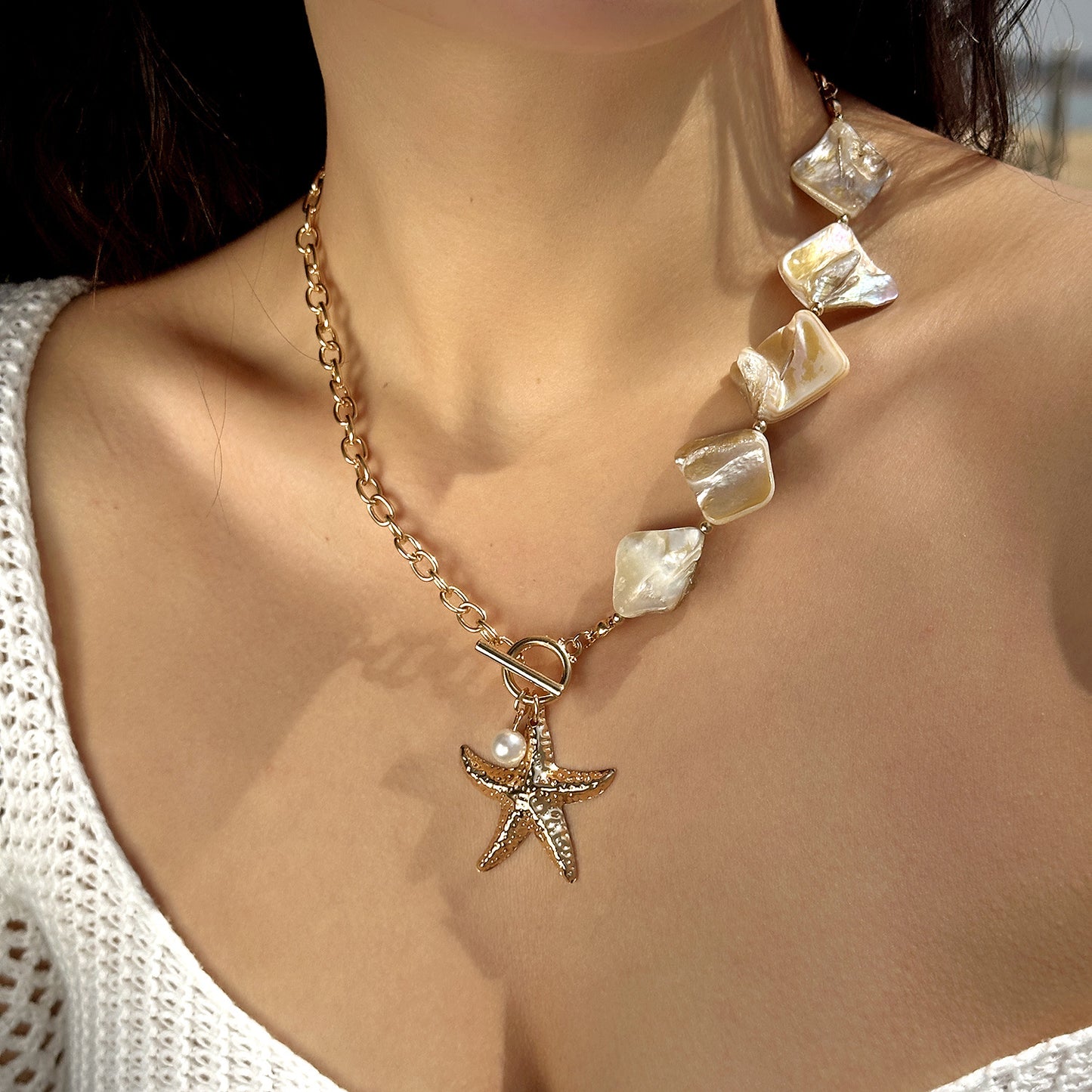 Women's Starfish Shell Beaded Imitation Pearl Layered Thick Necklaces