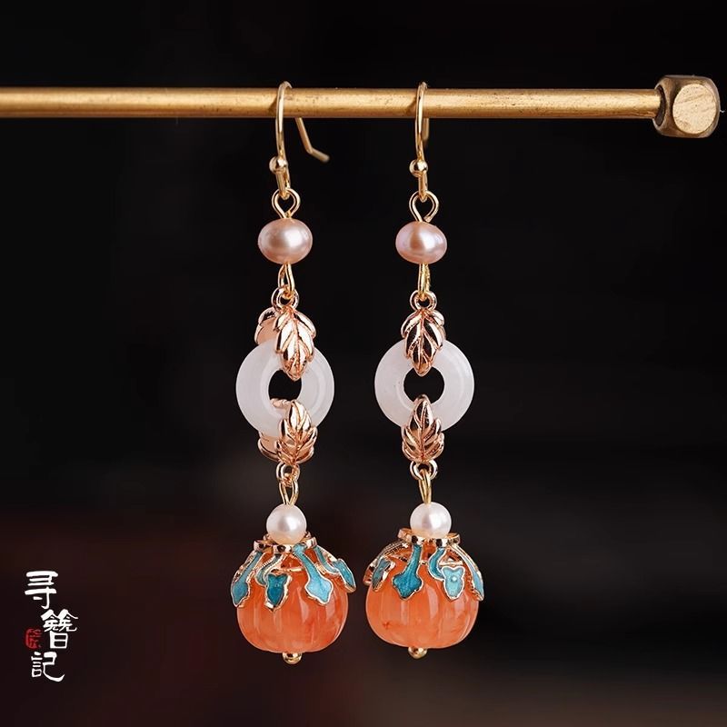 Women's Style Cheongsam Ethnic National Elegant Orange Pumpkin Pearl Ear Hook