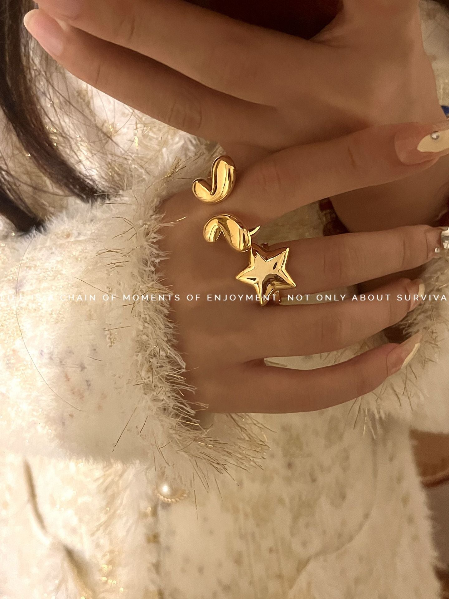 Metal Copper Plated Real Gold Glossy Butterfly Star Open-end Simple Ring