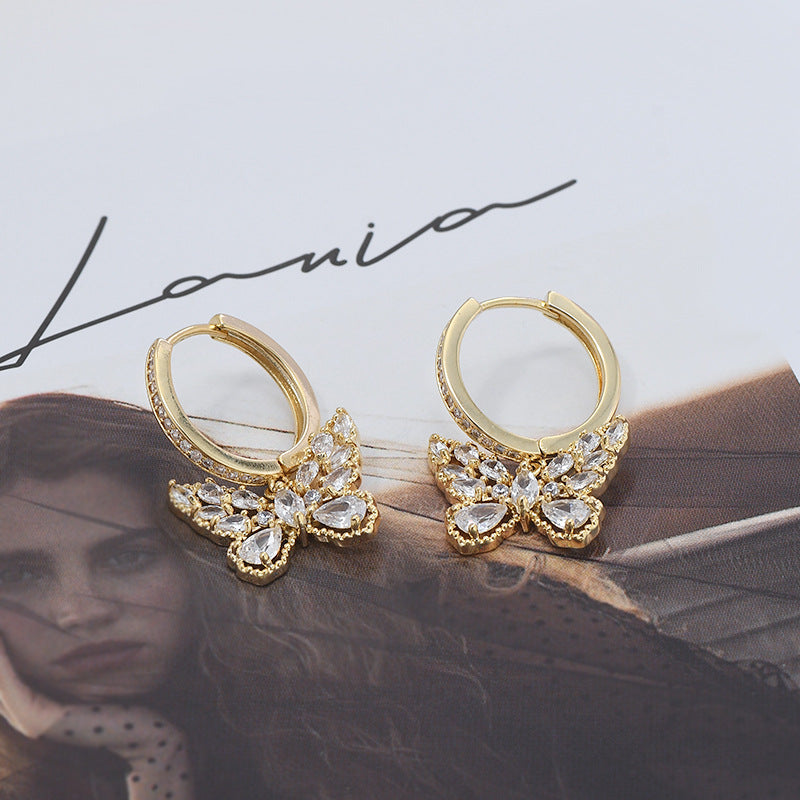Micro Inlaid Zircon Temperament Female Niche Design Butterfly Eardrops Style Stud Earrings