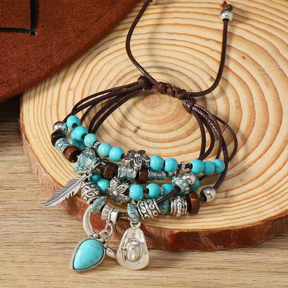 Bohemian Turquoise Ox Head Cowboy Hat Feather Bracelet