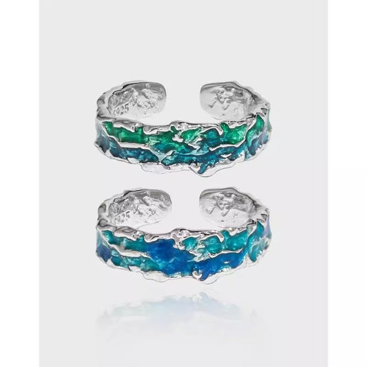 Women's Luxury Blue Green Drip Glazed Sterling Ring