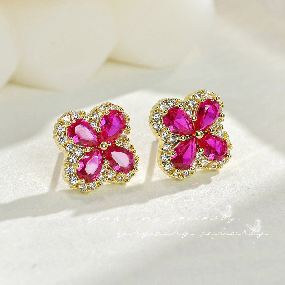 Women's Needle Red Corundum Zircon Dopamine Wear Color Clover Earrings