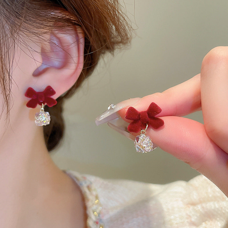 Red Bow Flower Light Luxury Christmas Earrings