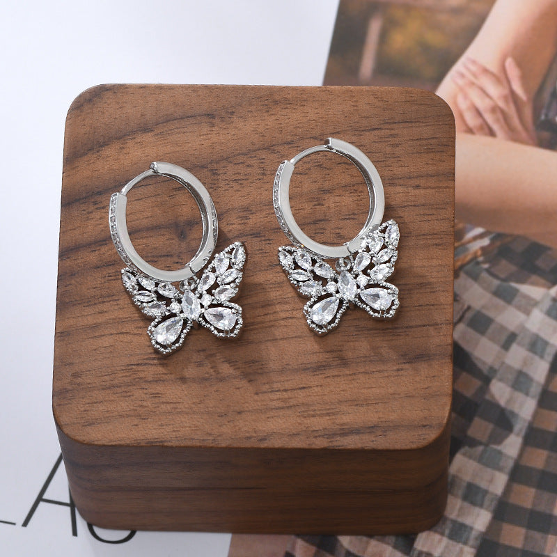 Micro Inlaid Zircon Temperament Female Niche Design Butterfly Eardrops Style Stud Earrings