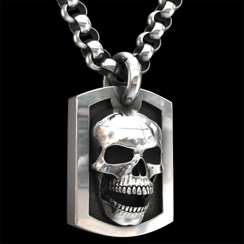 Billion Dark Hip Hop Skull Square Sier Plated Necklace