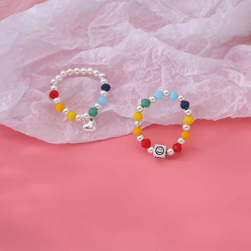 Colorful Beaded Female Rainbow Smiley Face Love Heart Simplicity Index Ring