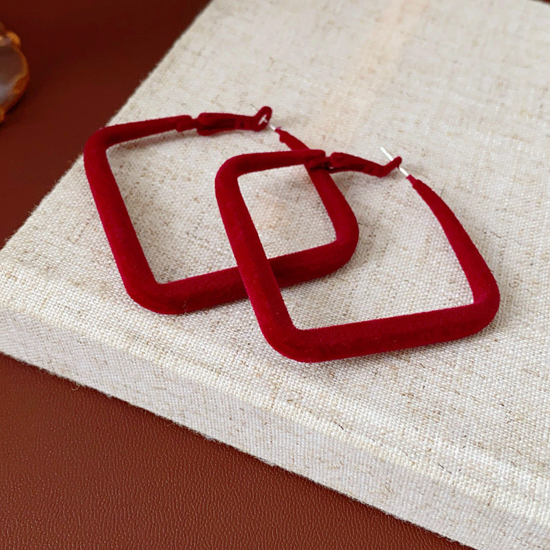 Women's Sier Needle Red Geometric Ear Korean Earrings