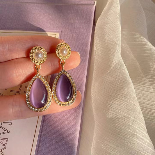 Needle Vintage Court Exquisite Water-drop Purple Gemstone French Elegant Ear Rings