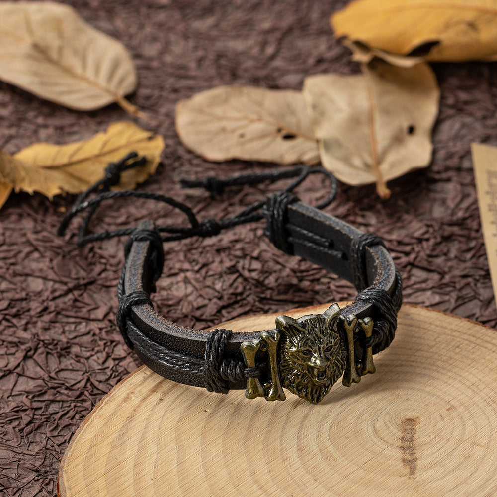 Personality Retro Wolf Head Lion's Leather Adjustable Wrist Bracelet