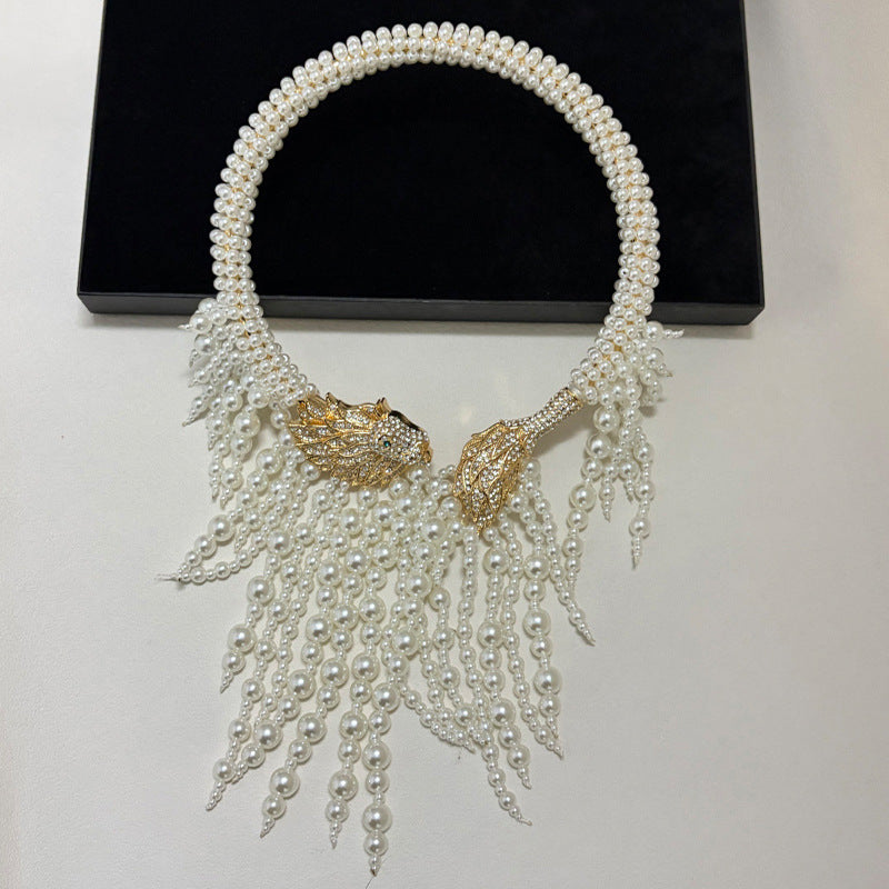 Women's Hand-woven Pearl Tassel Embossed Rhinestone Lion's Head Style Collar