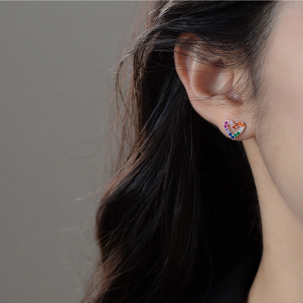 Style Fresh Sweet Colorful Zircon Hollow Love Heart Fashionable Earrings