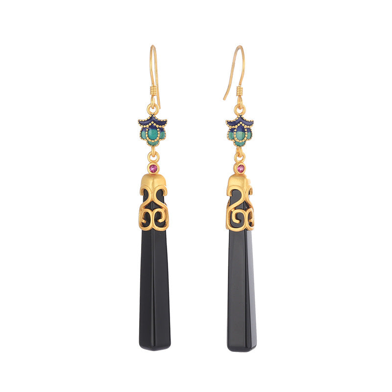 Women's Er Sier Black Agate Simple Long Earrings