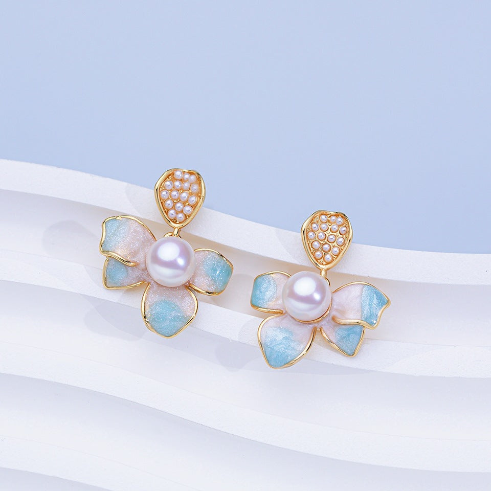 Natural Freshwater Pearl Ear Sterling Sier Needle Lily Eardrops Stud Earrings