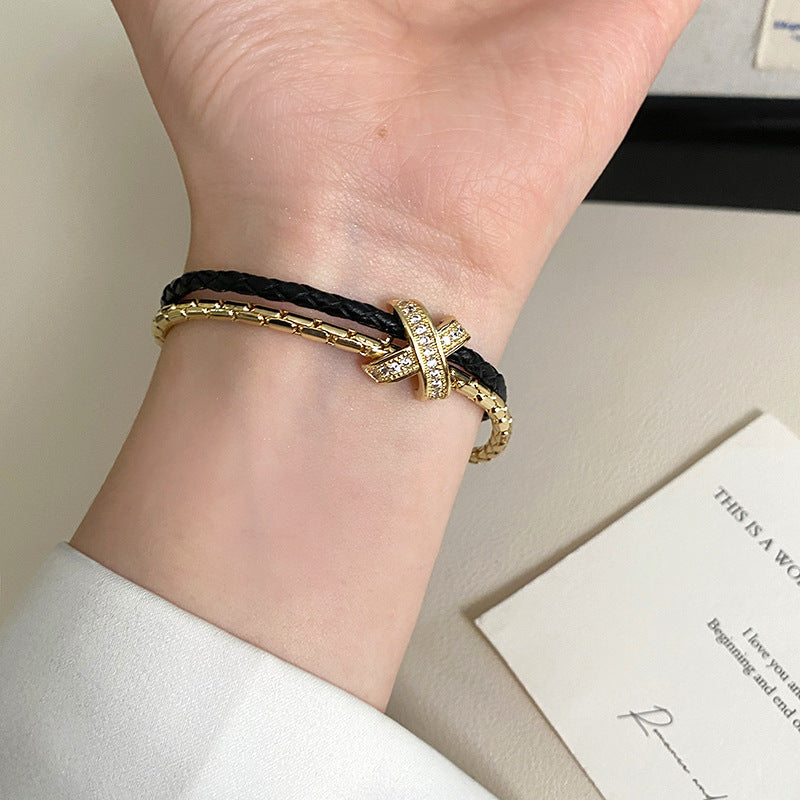 Double Layer Leather Cord Female Stitching Design Sense Micro Inlaid Bracelet