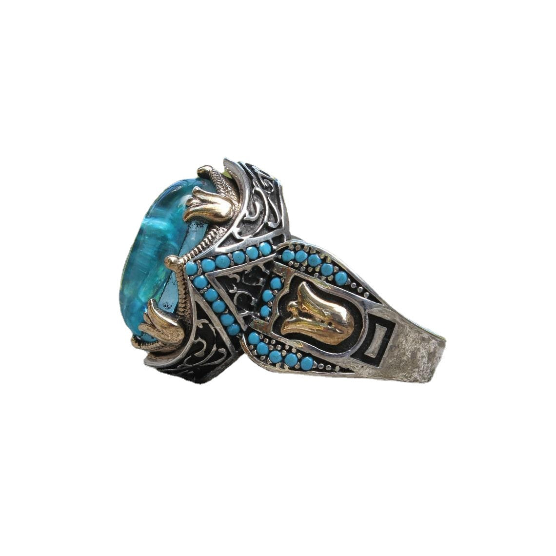 Blue With Carve Patterns Gemstone Two-tone Ring