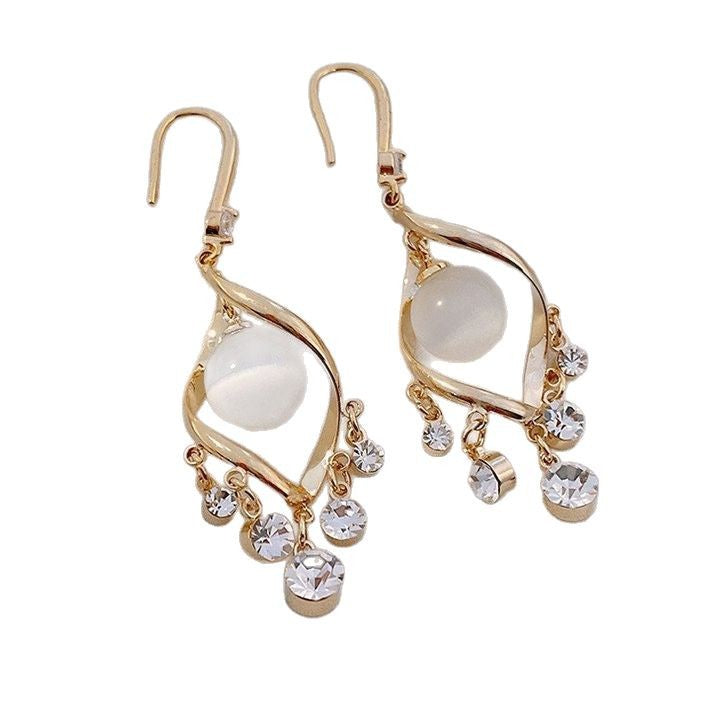 Women's Retro Opal Temperament Spiral Shiny Diamond Tassel Stud Earrings