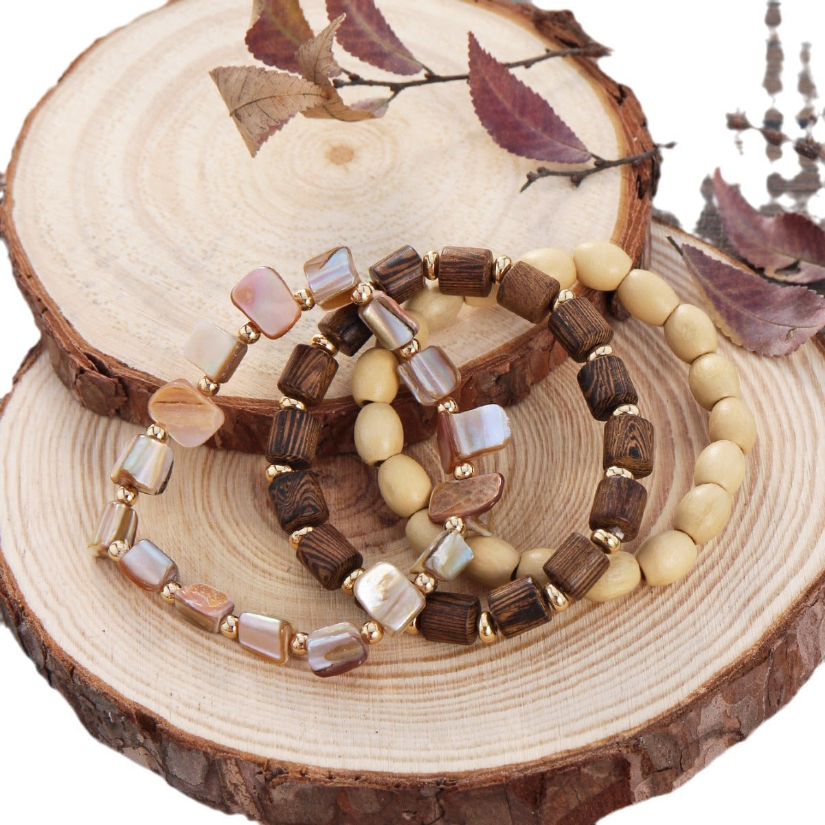 Chinese Retro Three-piece Natural Shell Wood Beaded Elastic Bracelets