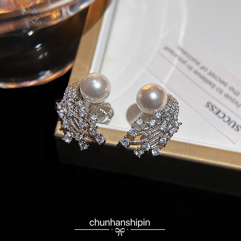 Full Zirconium Ear Clip Pearls Sier Female High Earrings