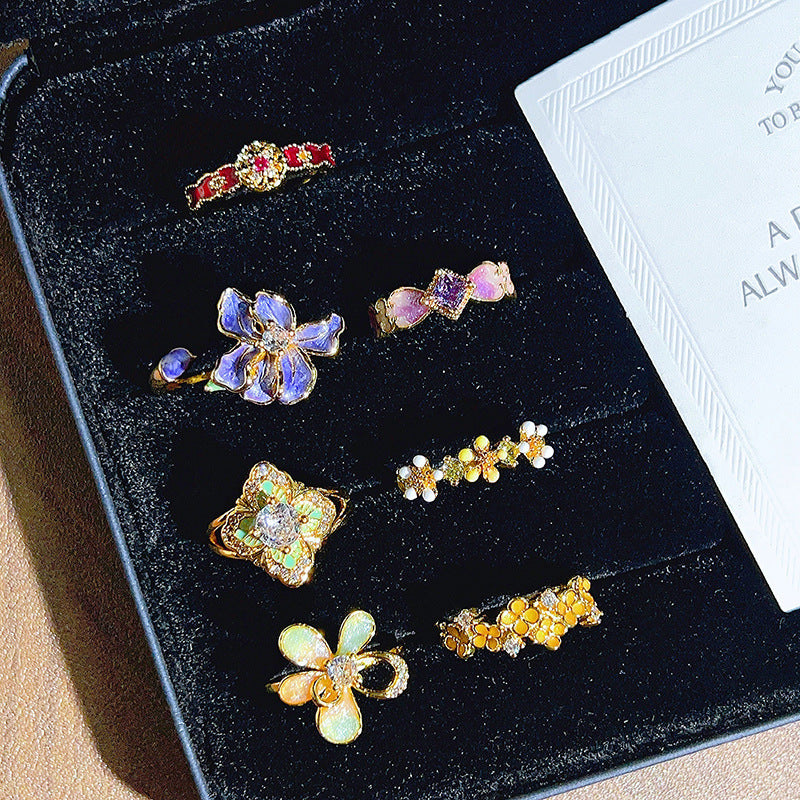 Colored Gems Flower Open Middle Ancient Ring