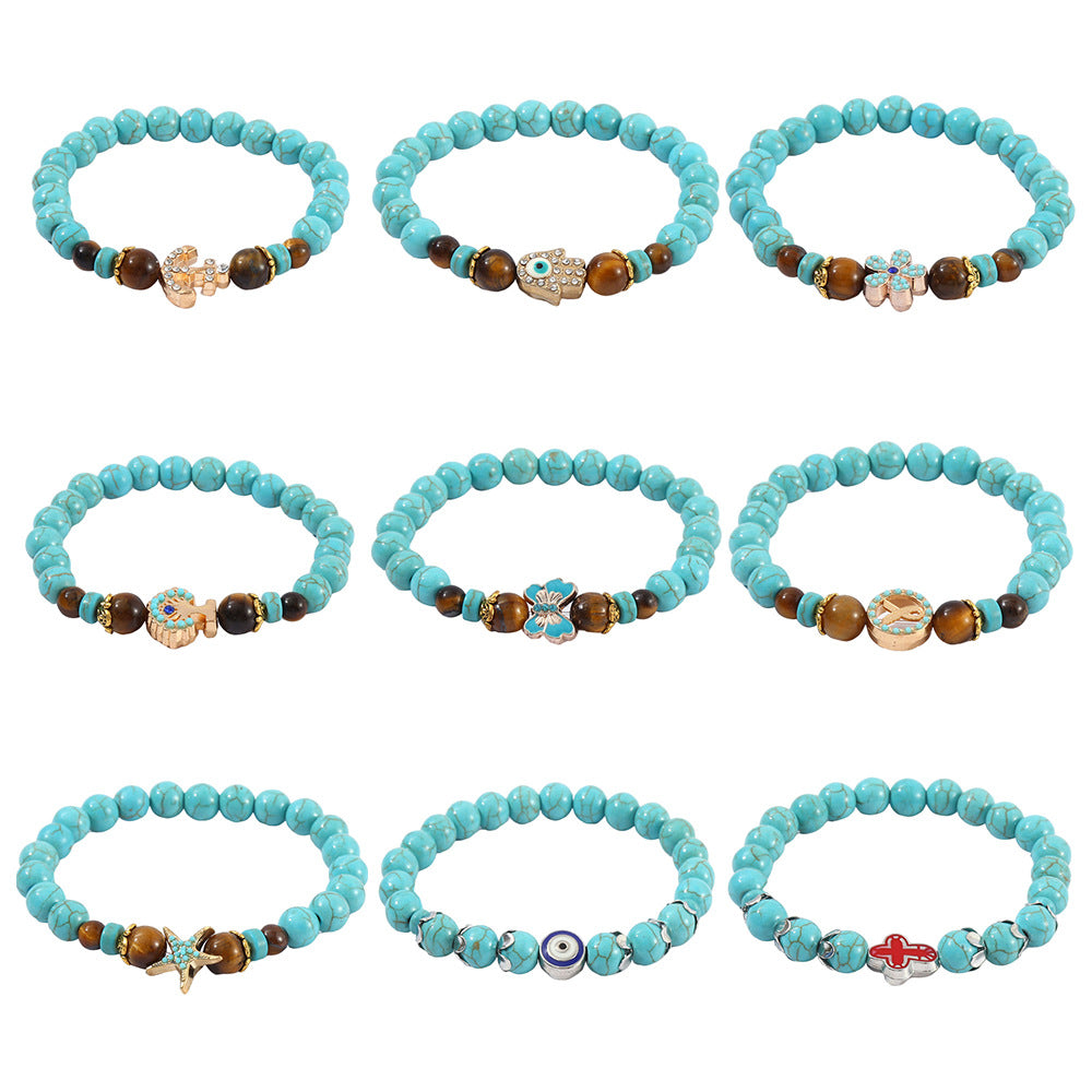 Turquoise Cross Natural Stone Beaded Retro Bracelet