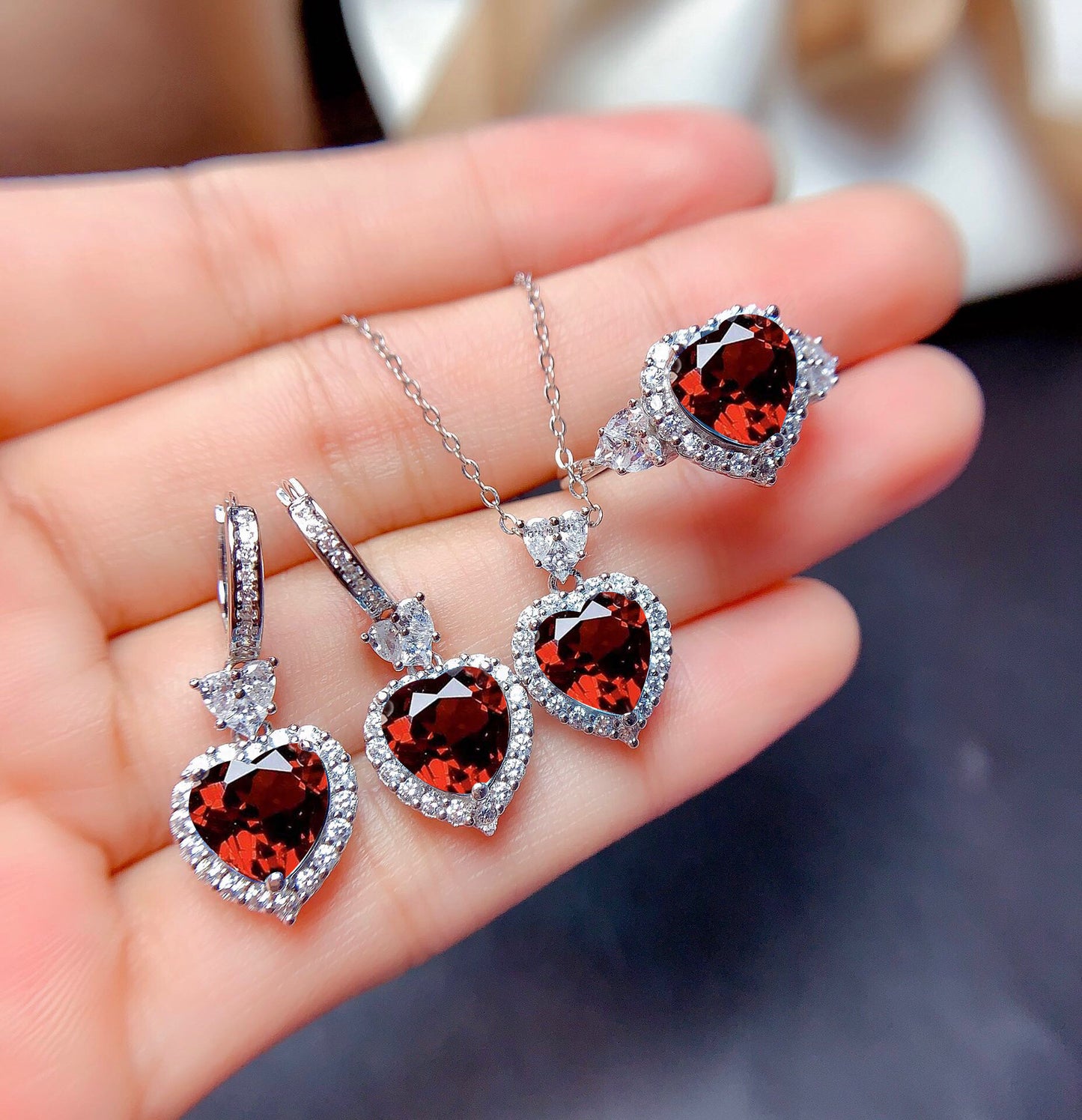 Live Broadcast Three-piece Colored Gems Ear Combination Personality Necklaces