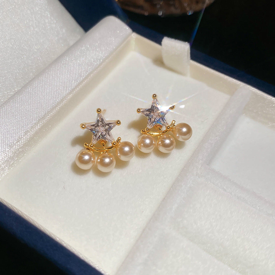 French Flash Zircon Flower Pearl Light Luxury Earrings