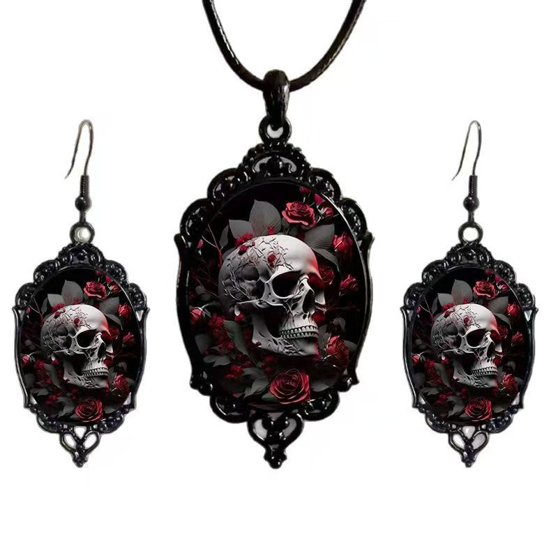 Innovative Gothic Rose Skull Pattern Glass Necklaces