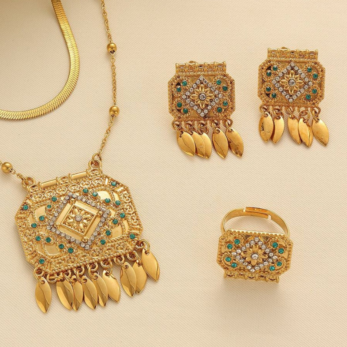 Turkish Ethnic Style Gold Plated Square Full Jewelry Set