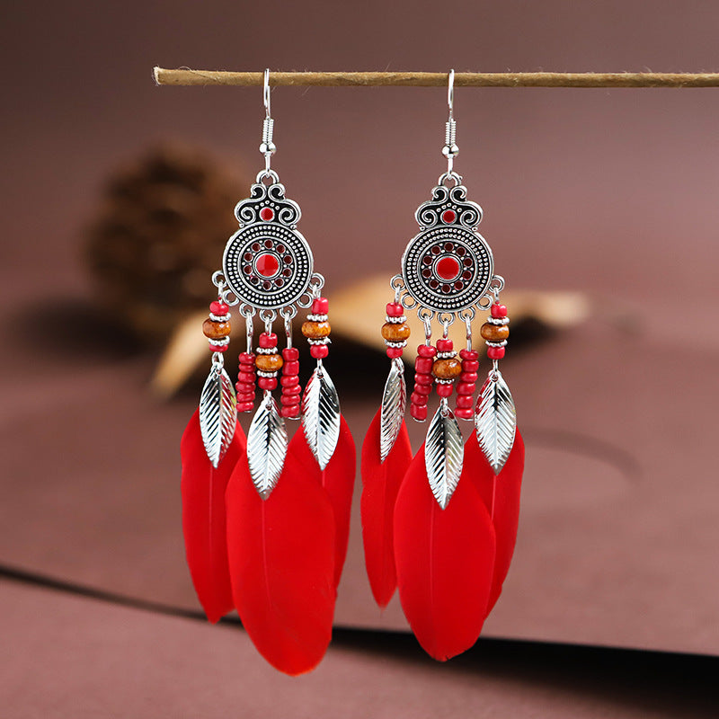 Feather Round Drop Oil Craft Retro Ethnic Earrings