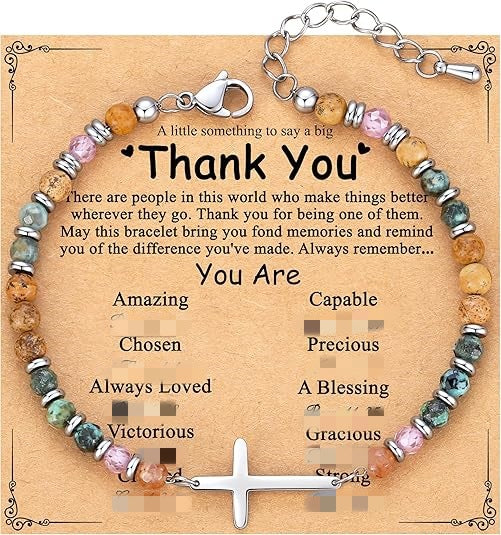 Women's Natural Stone Beaded Cross Lobster Buckle Adjustable Band Bracelet