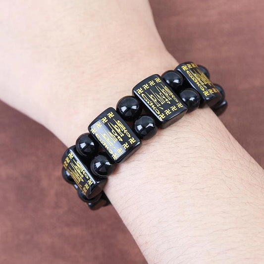 Women's & Men's Black Agate Six Words Mantra Double Row Couple Bracelets