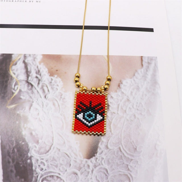 Bohemian Style Gold Rainbow Love Devil's Eye Square Necklaces