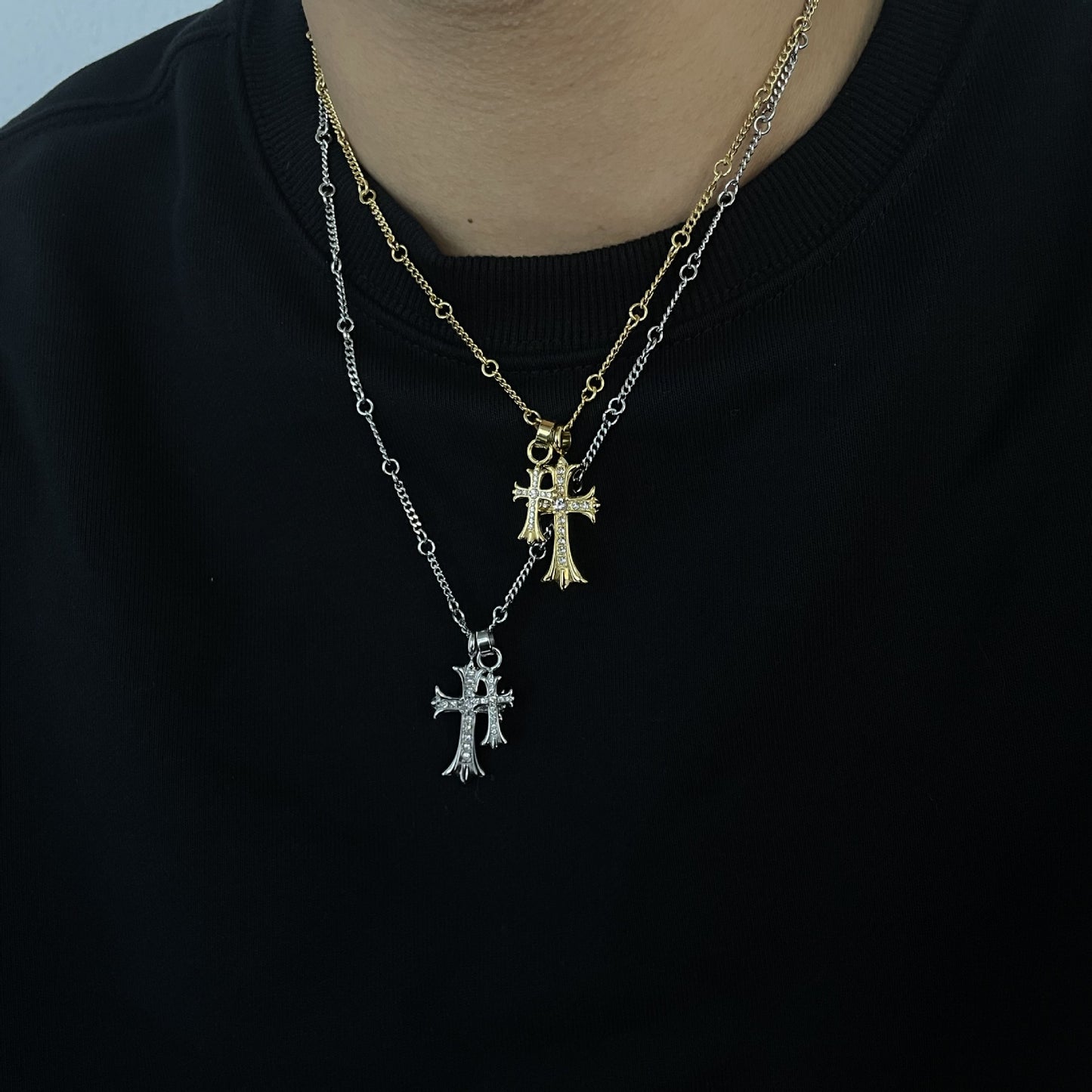 Double Cross Gold Full Diamond Vintage Bamboo Necklaces