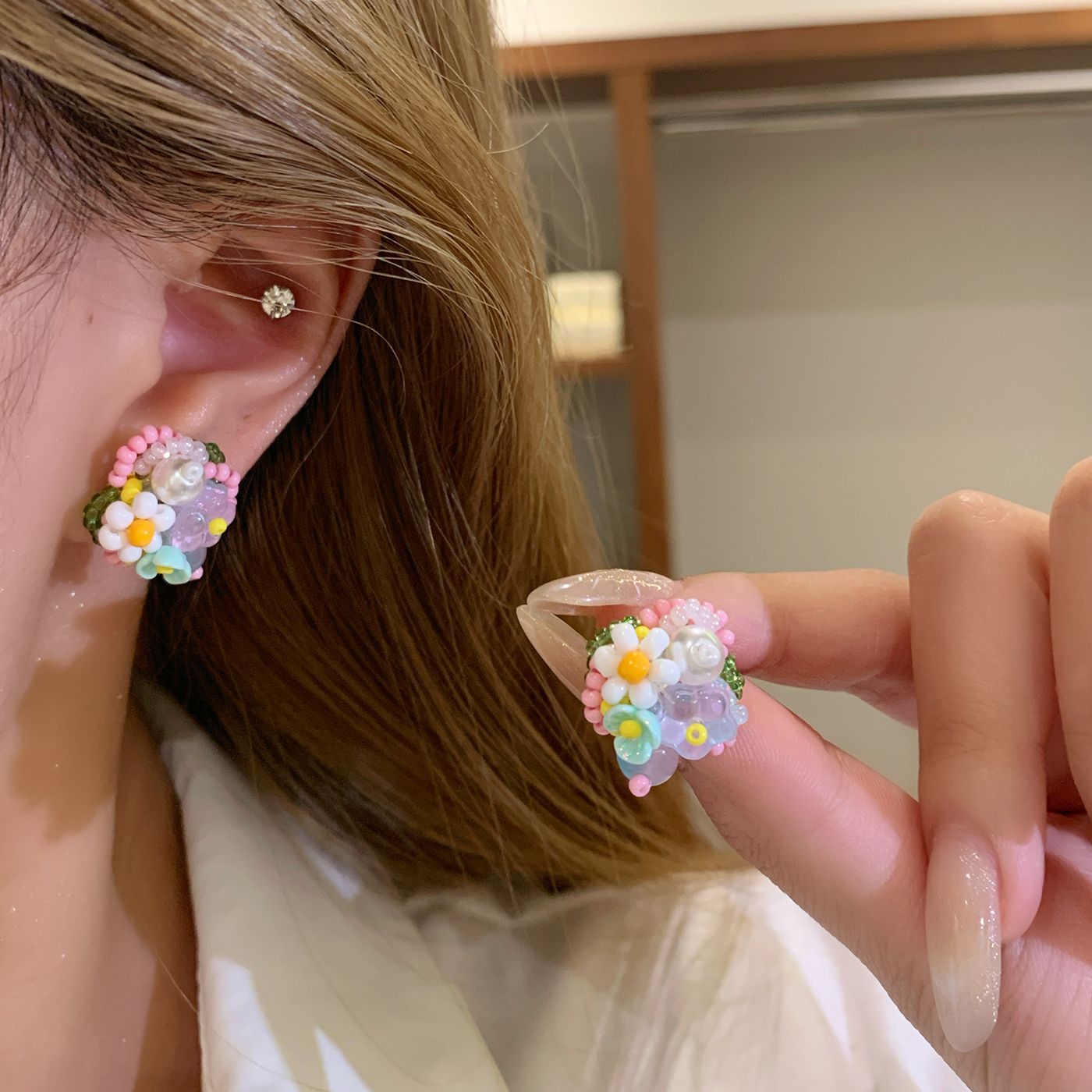 Sier Nail Blue Pink Bead Fashion Commuter Niche Earrings