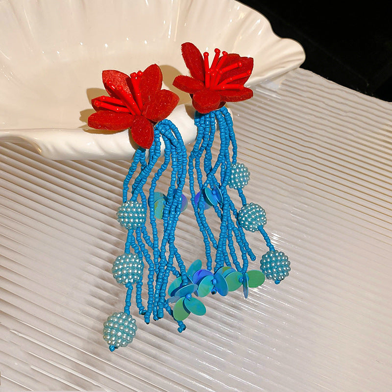 Women's Bead Flower Tassel Light Luxury High-grade Vacation Style Earrings