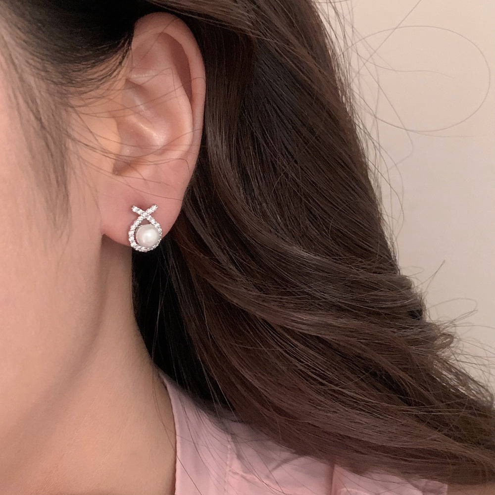 Women's Charming Cross Zircon Small Pearl Shang Commute Classic Style Simple Earrings