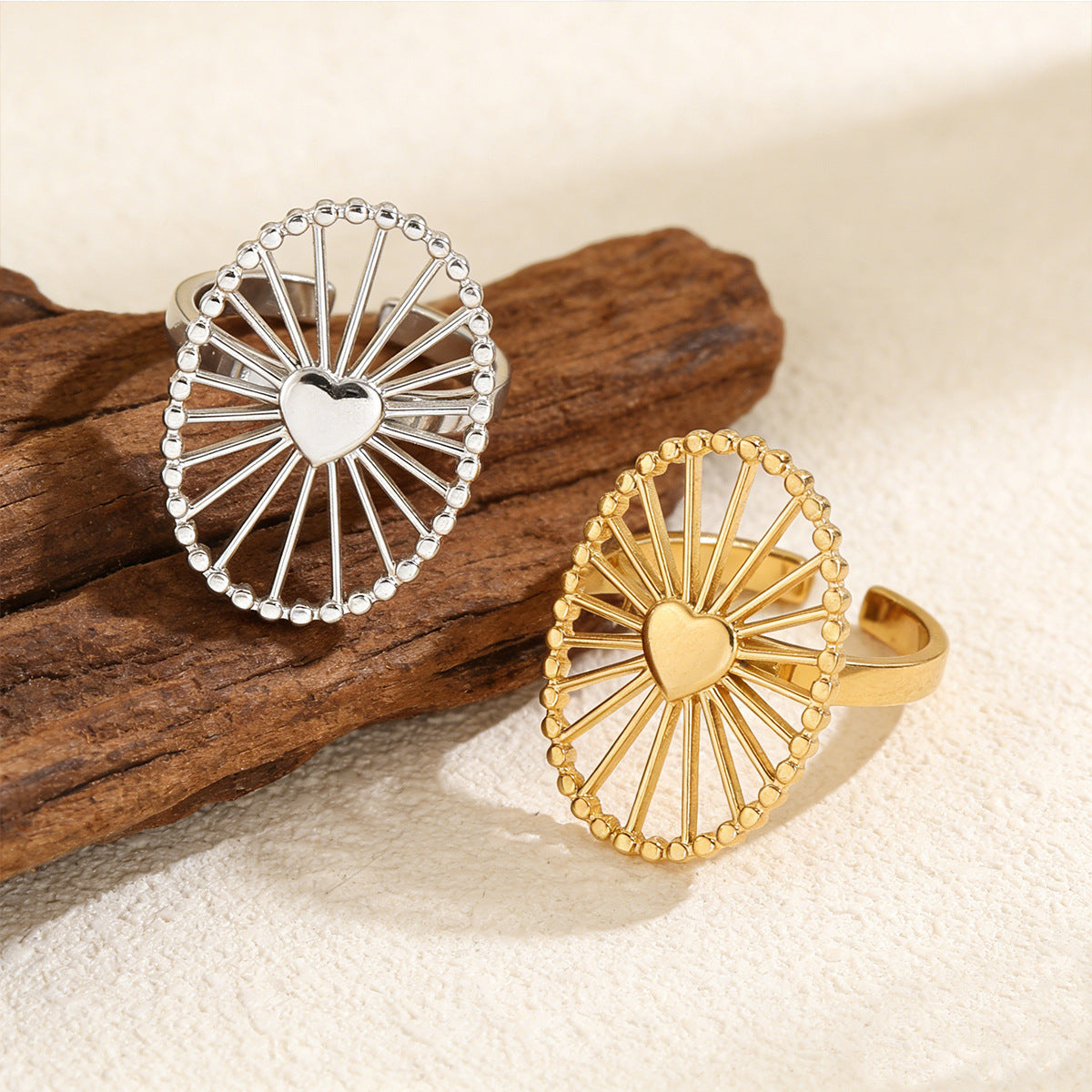 Radiation Pattern Titanium Steel Hollowed Heart Ring