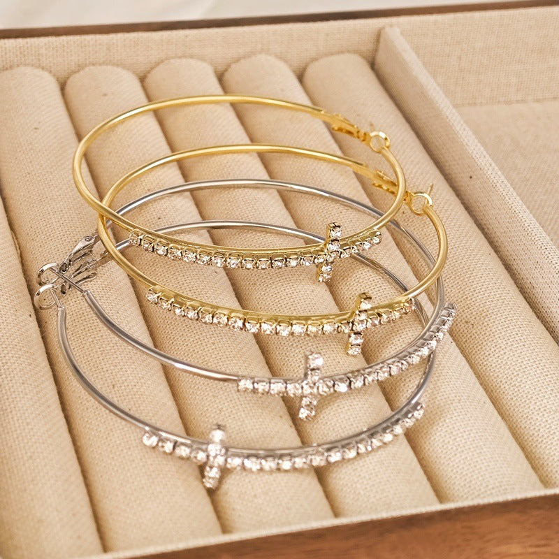 Women's Golden Cross Circle Diamond Simple Personality Exaggerated Earrings