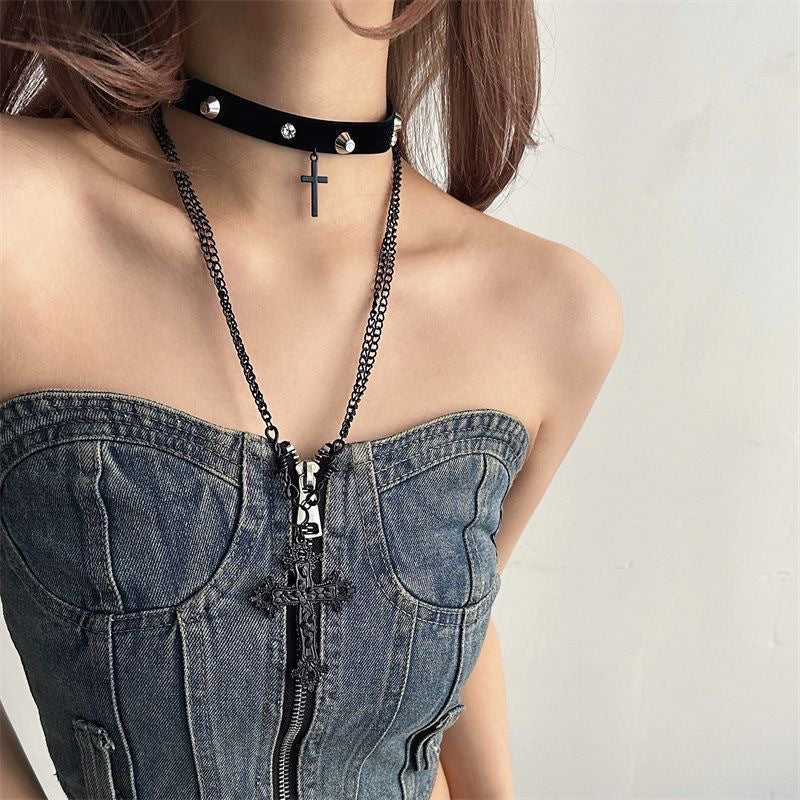 Cross Dark Hot Style Leather Rivet Punk Clavicle Collar