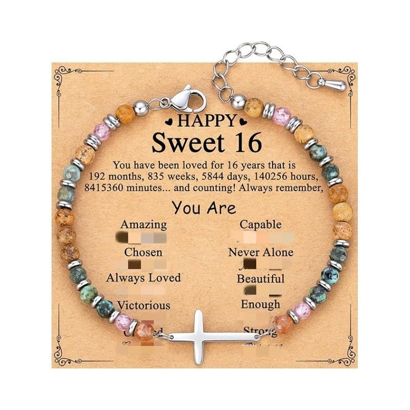 Women's Natural Stone Beaded Cross Lobster Buckle Adjustable Band Bracelet