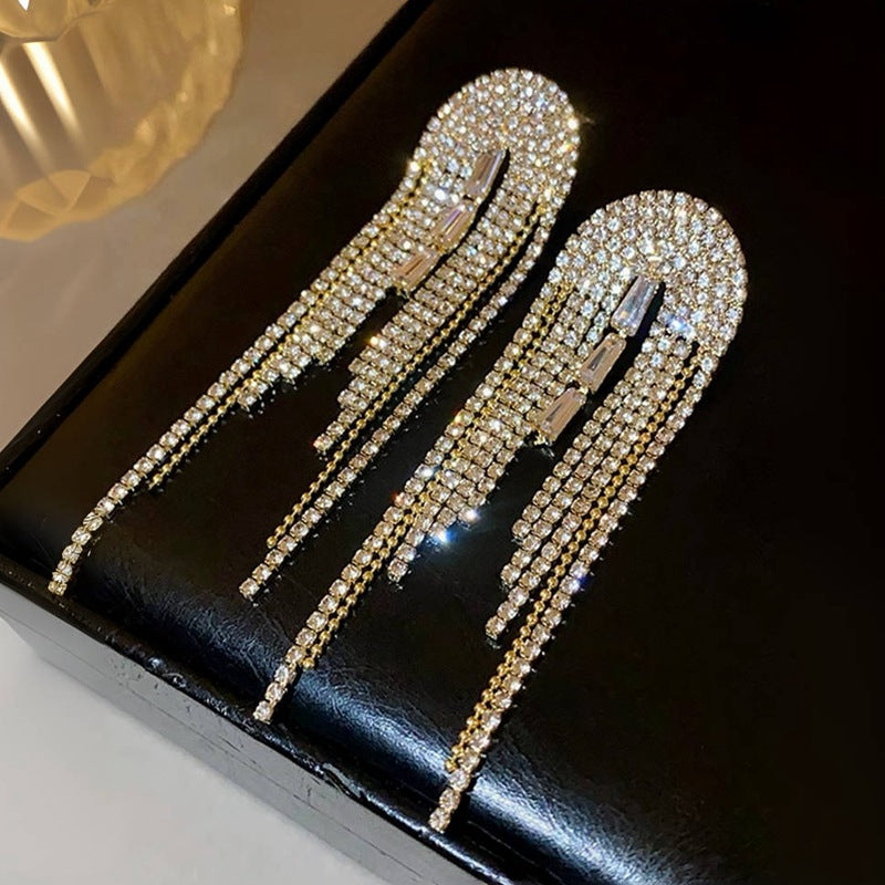 Women's Fashion Exaggerated Rhinestone Long Fringe High-grade Earrings