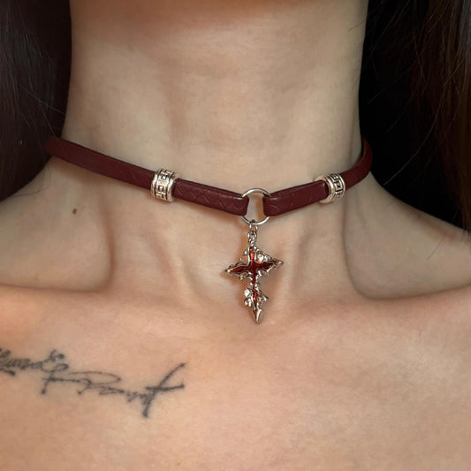 Style Leather Collar Wine Red Cross Clavicle Pendants