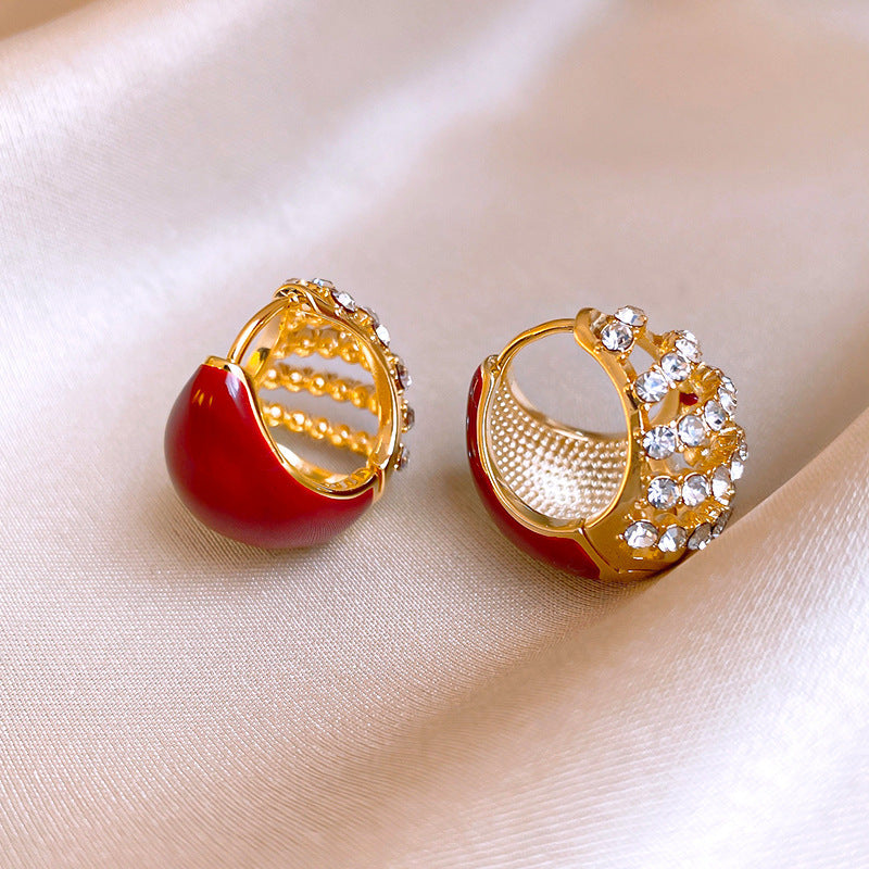 Women's Sier Needle Red Geometric Ear Korean Earrings