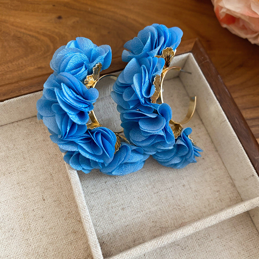 Women's Fresh Blue Fabric Flower Tassel Seaside Vacation Style Light Stud Earrings