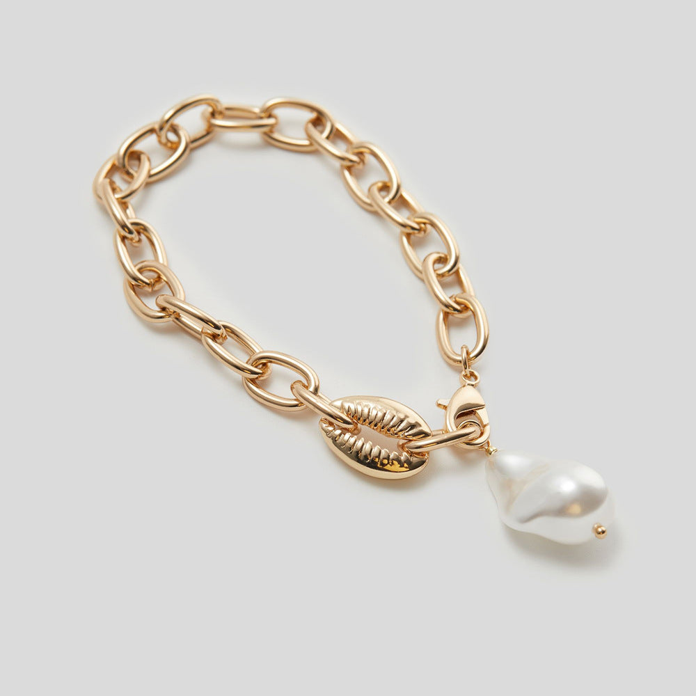Fashion Irregular Baroque Pearl Metal Thick Chain Shell Bracelet