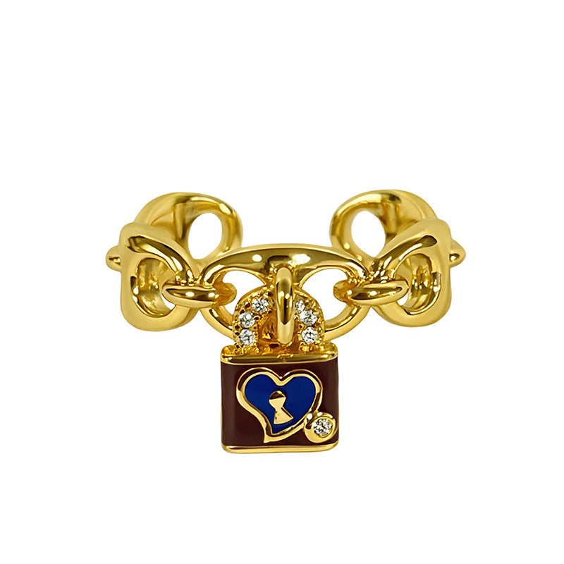 Retro Color Enamel Lock Pig Nose Open-end Zircon Ring