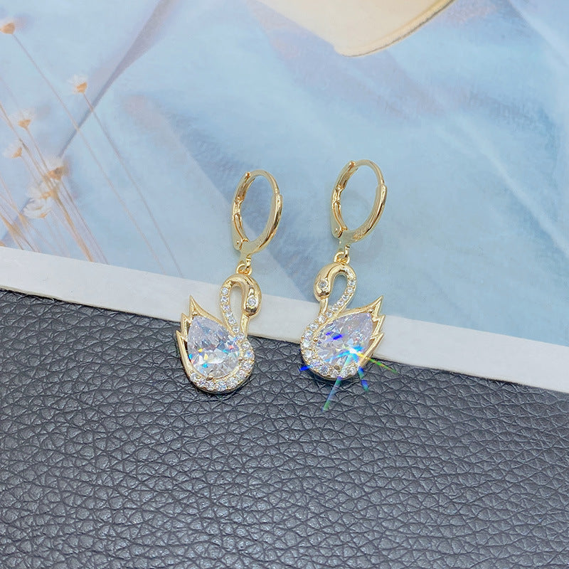 Swan Super Flash Rhinestone Personalized Minority Design Sense Temperament Earrings