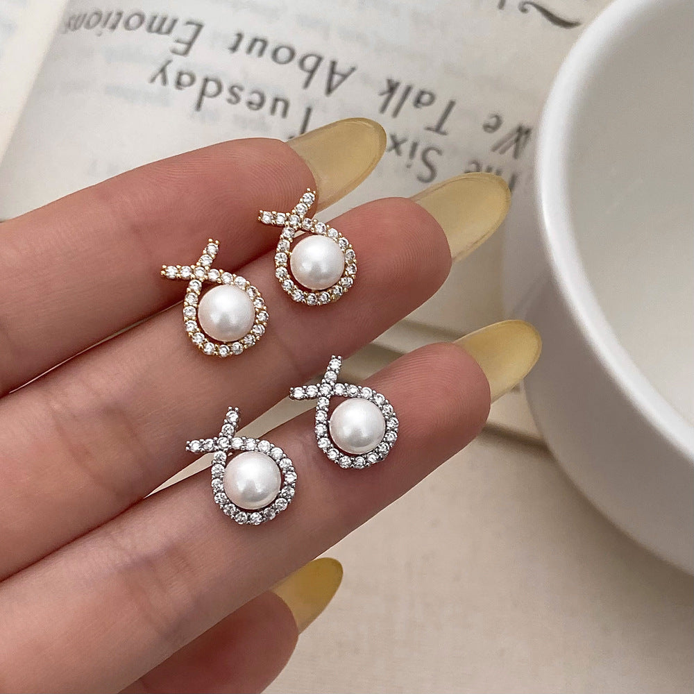 Women's Charming Cross Zircon Small Pearl Shang Commute Classic Style Simple Earrings