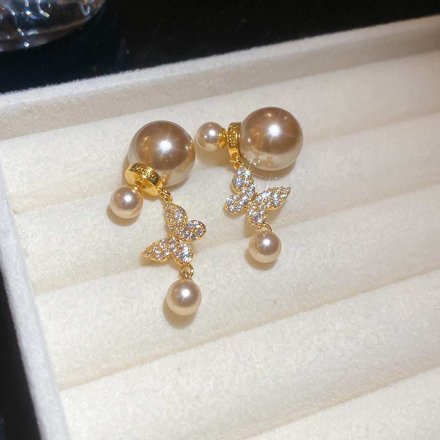 French Flash Zircon Flower Pearl Light Luxury Earrings